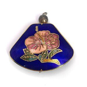 Cloisonne Enamel Pendant With Floral Design Dual Sided Deep Blue/Pink/Gold 1.5"